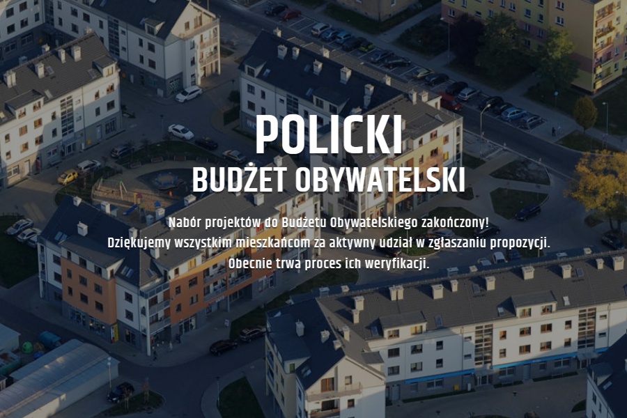 Grafika, napis Policki Budżet Obywatelski ma zdjęciu Polic