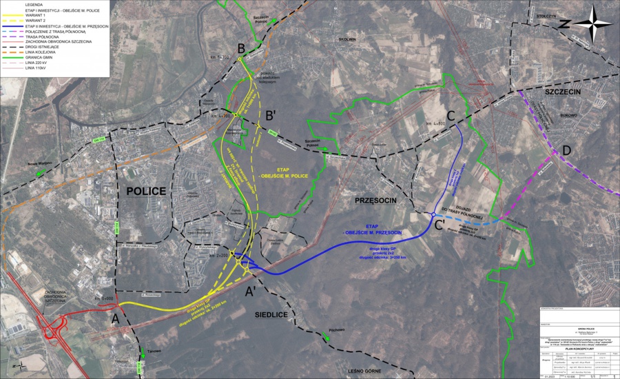 Mapa satelitarna z wariantami przebiegu Obwodnicy Polic
