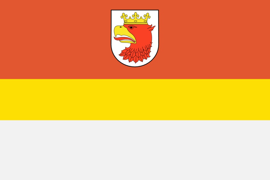 grafika flaga w kolorach czerwony, żółty, szary z herbem Polic