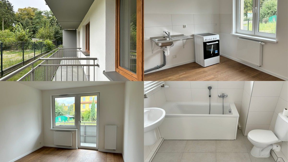 Zdjęcie podzielone na cztery części - pokazana kuchnia, pokój, łazienka i balkon.
