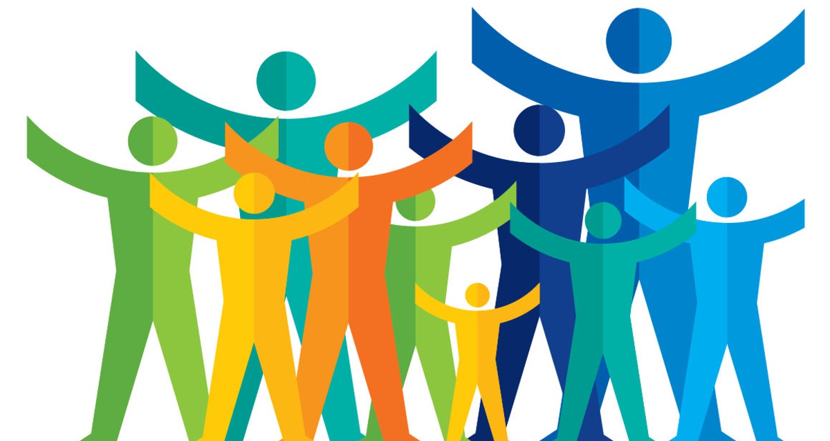 Grafika projektu - sylwetki ludzi w różnych kolorach, z wzniesionymi rękoma