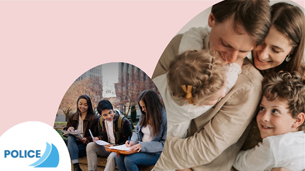 grafika - obrazki rodziny i młodych ludzi plus logo gminy