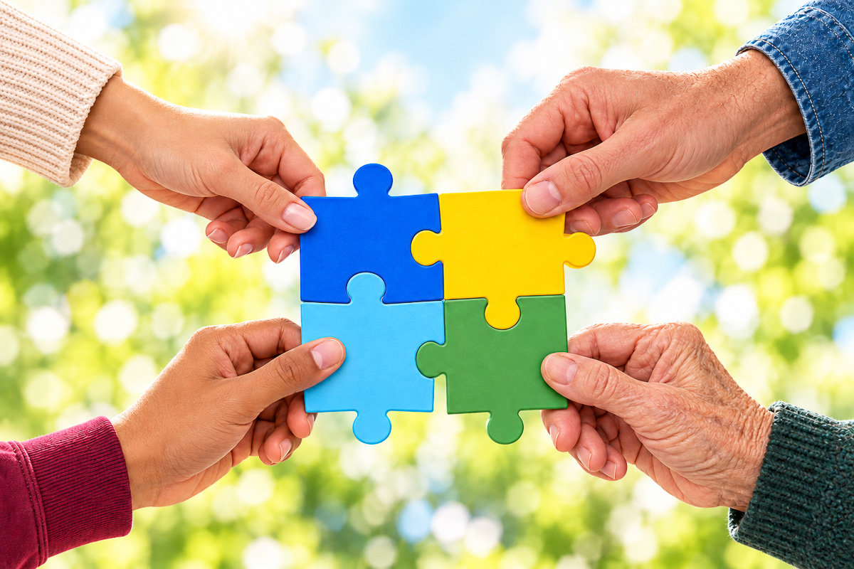 Cztery dłonie każda chwyta puzzel, cztery puzzle razem złączone