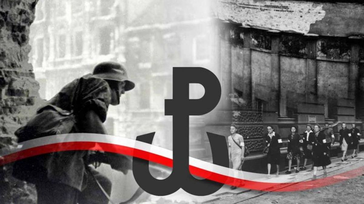 Grafika dwa zdjęcia z Powstania Warszawskiego, na nich znak Polski Walczącej z przeplecioną biało-czerwoną wstążką