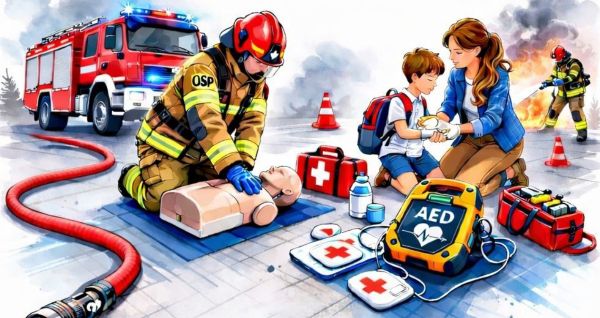 Grafika na której strażak demonstruje udzielanie pierwszej pomocy, wokół sprzęt, kobieta z dzieckiem, w tle wóz strażacki i strażak gaszący pożar