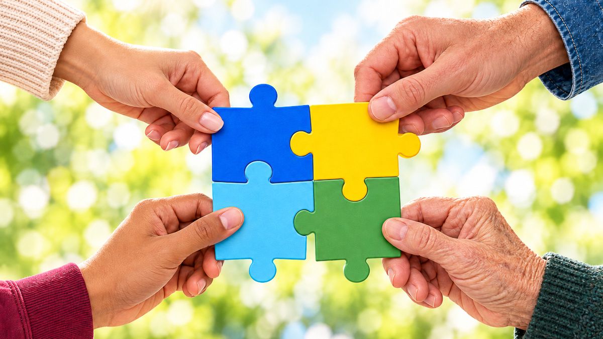 Cztery dłonie każda chwyta puzzel, cztery puzzle razem złączone