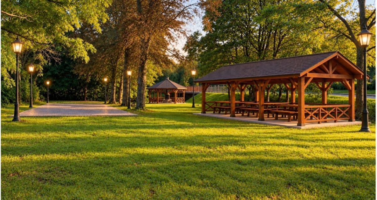 Wizualizacja projektu - park, wiata, drzewa