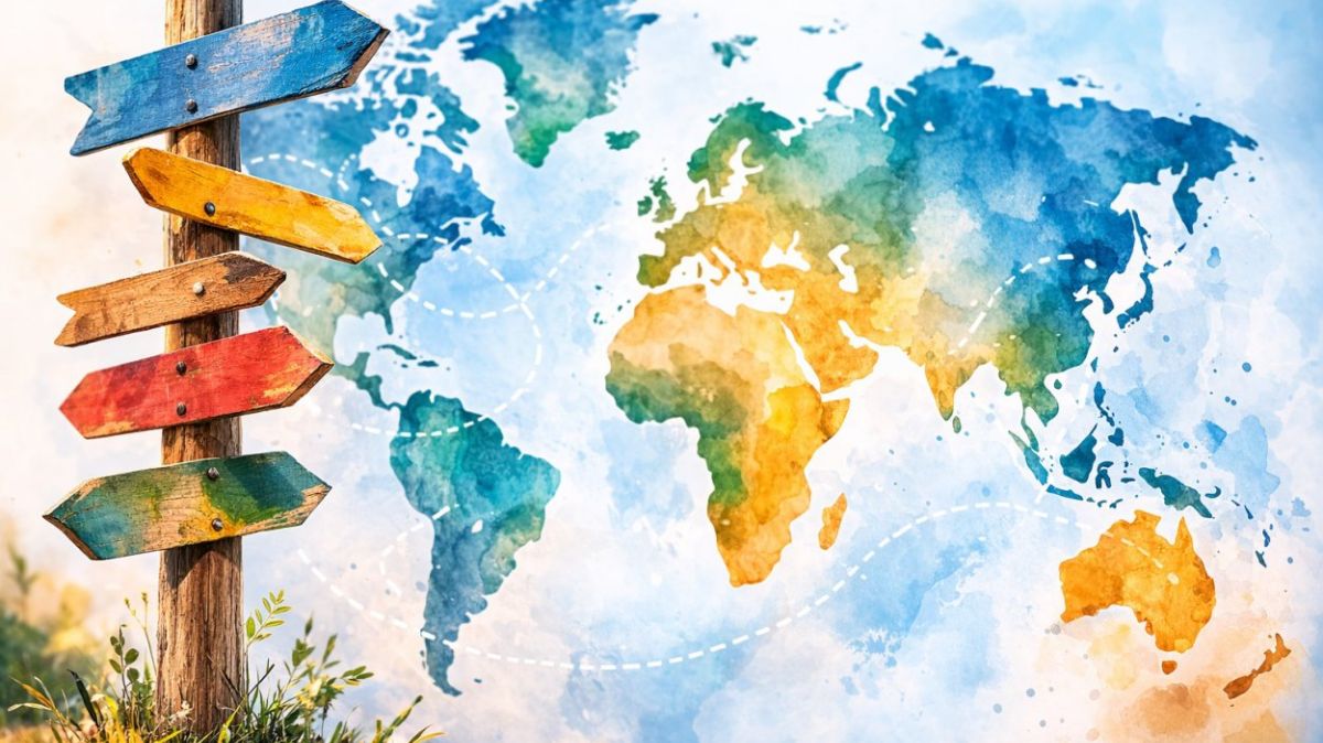 Grafika - mapa świata a na niej słup z drogowskazami