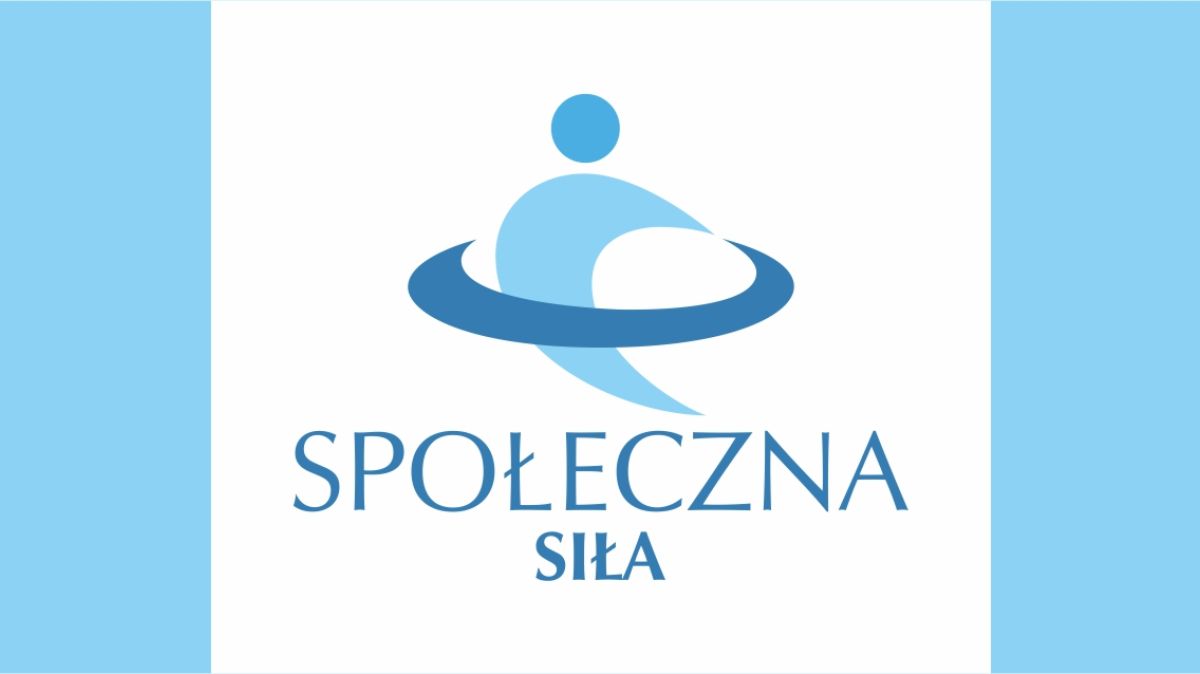 Grafika na środku logo Społeczna siła po bokach prostokąty w jasnoniebieskim kolorze