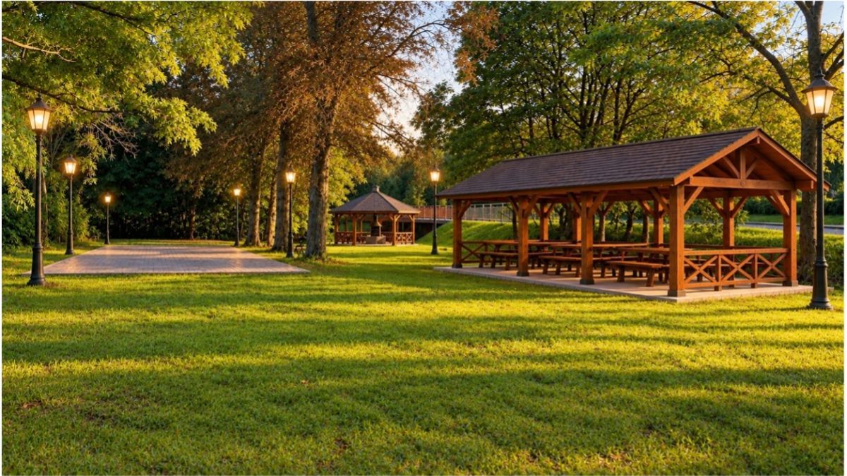 Wizualizacja projektu - park, wiata, drzewa