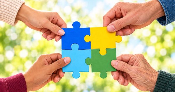 Cztery dłonie każda chwyta puzzel, cztery puzzle razem złączone