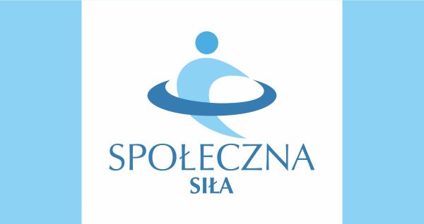 Grafika na środku logo Społeczna siła po bokach prostokąty w jasnoniebieskim kolorze