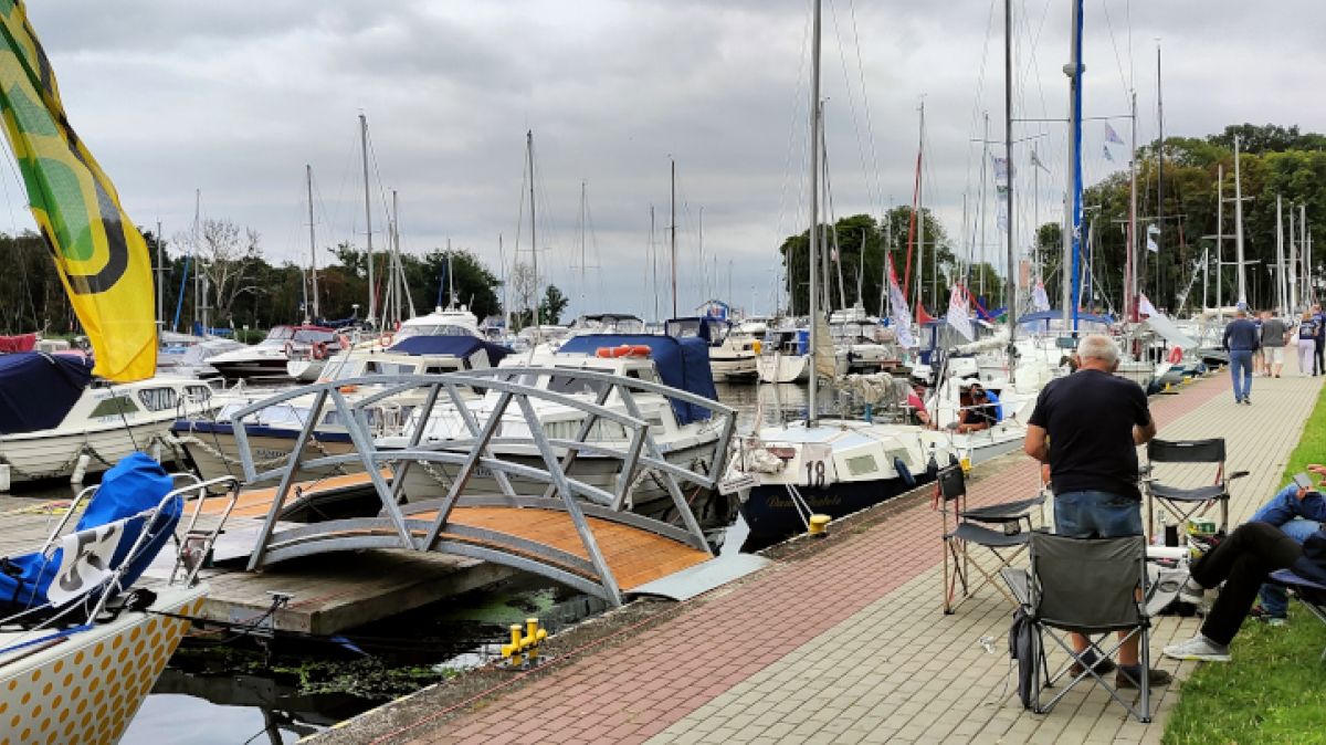 Widok z nabrzeża na zacumowane jachty w Trzebieży
