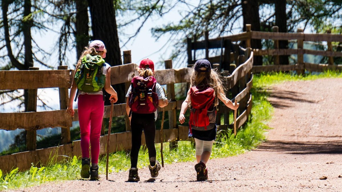 Trzy młode osoby z plecakami i kijkami na szlaku, tyłem