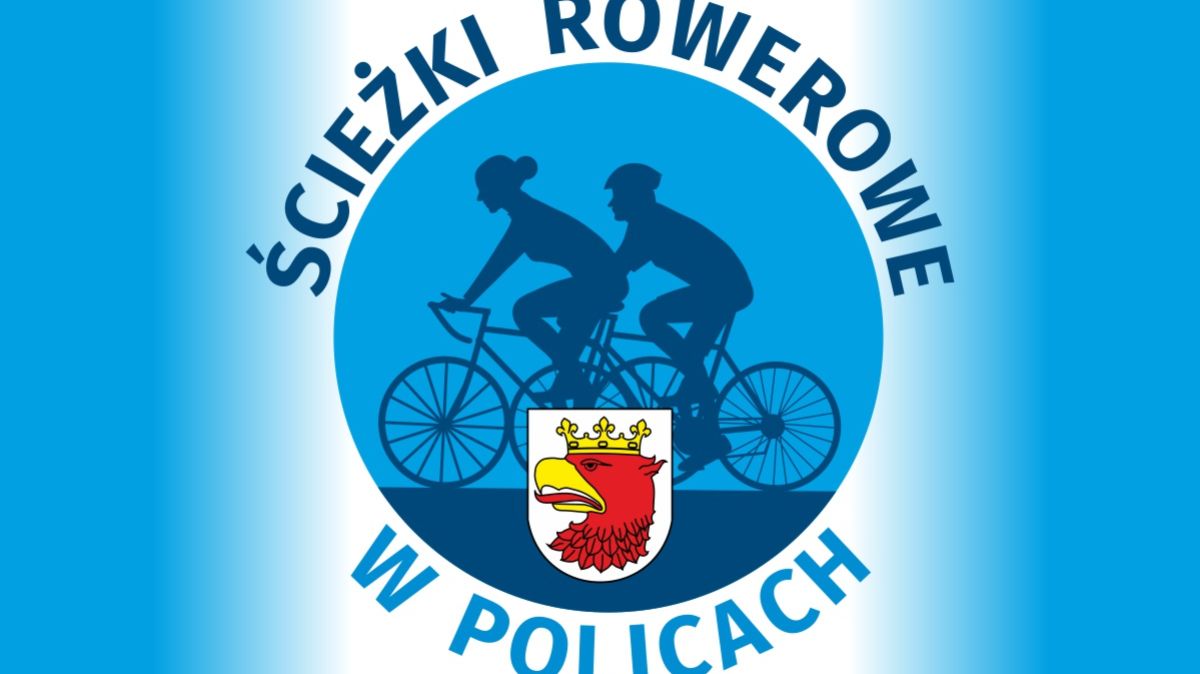 Logo projektu: napis Ścieżki rowerowe w Policach, grafika dwie osoby na rowerach na niebieskim tle