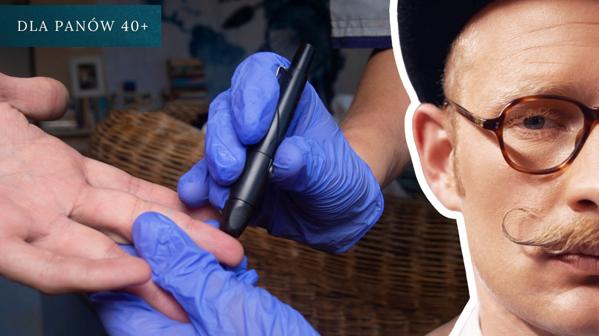 plakat - widać rękę, z palca pobierana jest krew do badania, z prawej strony pół twarzy mężczyzny