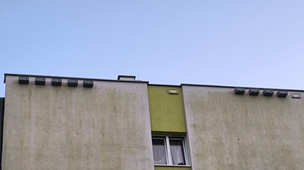 Kawałek ściany budynku z przymocowanymi budkami dla jerzyków