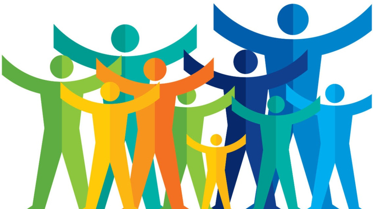 Grafika projektu - sylwetki ludzi w różnych kolorach, z wzniesionymi rękoma
